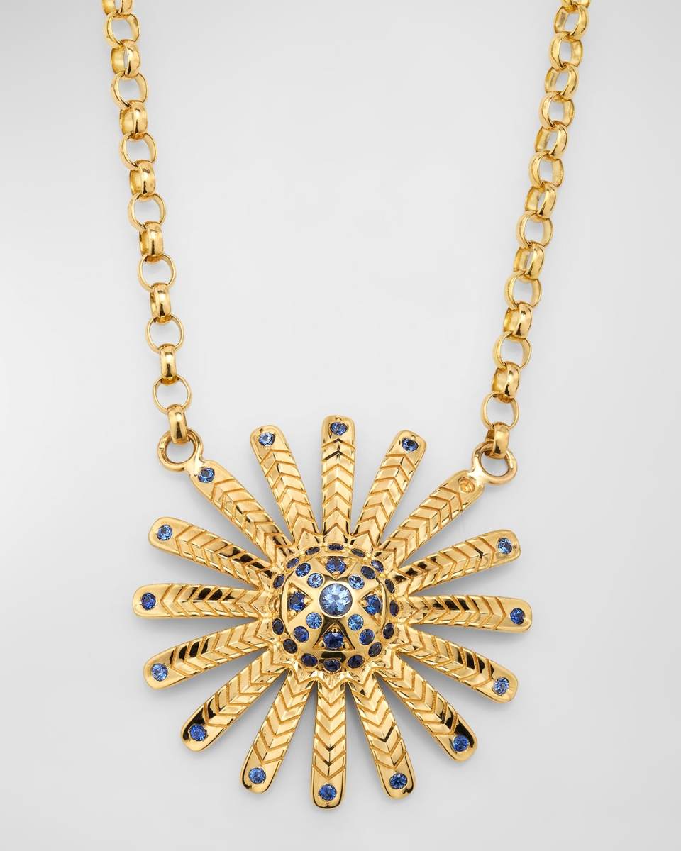 18K Mini Sunflower Pendant Necklace with Blue Sapphires